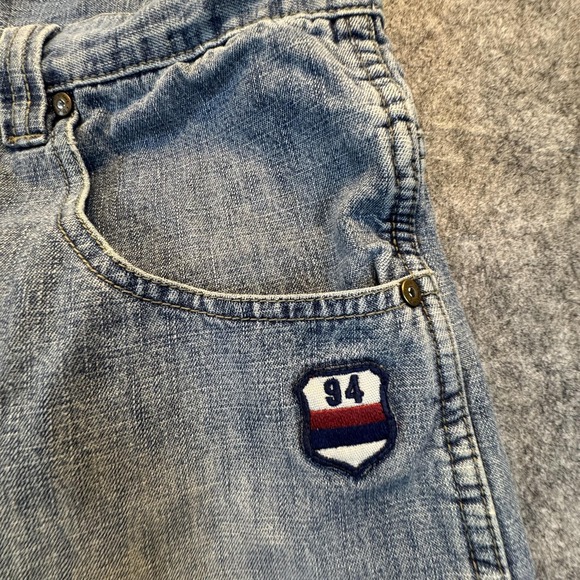 PJ Jeans Shorts Mens 36 Blue Denim Bermuda Relaxed Fit Distressed 94 Patches - Picture 4 of 16